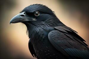 fechar acima retrato do uma Preto Raven, corvus corax. ai generativo foto