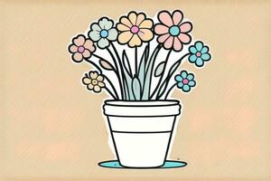 ilustração do uma vaso de flores com Rosa e azul flores em uma cinzento fundo. ai generativo foto