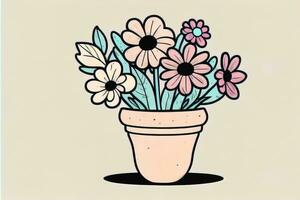 ilustração do uma vaso de flores com Rosa e azul flores em uma cinzento fundo. ai generativo foto