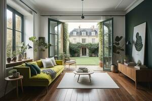 interior do moderno vivo quarto com verde paredes, de madeira chão, verde sofá e volta café mesa. ai generativo foto