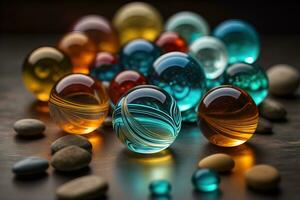 colorida vidro mármores em uma a mesa. seletivo foco. ai generativo foto