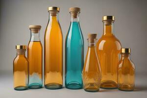 uma linha do vidro garrafas com colori líquido. ai generativo foto