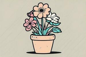 ilustração do uma vaso de flores com Rosa e azul flores em uma cinzento fundo. ai generativo foto