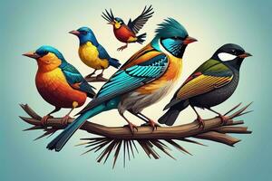 vetor ilustração do uma grupo do colorida pássaros sentado em uma ramo. ai generativo foto