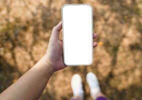 fechar acima do mulheres mãos segurando célula Telefone em branco cópia de espaço tela. inteligente telefone com tecnologia conceito foto