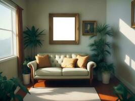 retro vintage estilo interior sofá cadeira verde plantar Panela e em branco quadro, Armação brincar modelo, ai generativo foto
