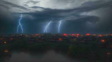 chinês estilo panorama rio tradicional casa com nublado Sombrio trovão iluminação céu, ai generativo foto