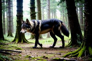 fechar acima realista foto do uma Lobo dentro a floresta, embaçado fundo