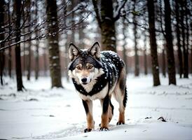 fechar acima realista foto do uma Lobo dentro a inverno neve floresta, embaçado fundo, ai generativo