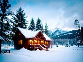 realista foto panorama do inverno neve floresta e madeira casa, ai generativo