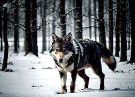 fechar acima realista foto do uma Lobo dentro a inverno neve floresta, embaçado fundo