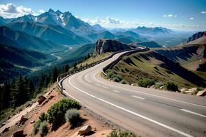 realista foto lindo panorama do montanhas azul céu e ventoso estradas, ai generativo