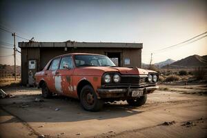 realista foto do deserta velho quebrado retro vintage carro, ai generativo