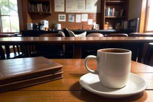 realista foto do uma café copo em madeira mesa dentro uma café fazer compras com acolhedor atmosfera