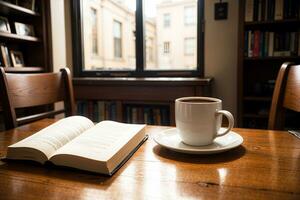 realista foto do uma café copo e livro em madeira mesa dentro uma café fazer compras com acolhedor atmosfera