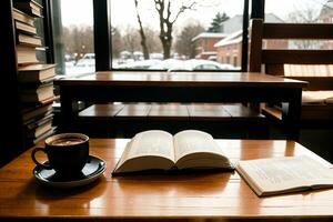 realista foto do uma café copo e livro em madeira mesa dentro uma café fazer compras com acolhedor atmosfera, ai generativo