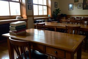 realista foto do livro em madeira escrivaninha dentro uma biblioteca estude quarto com acolhedor atmosfera