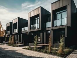 moderno modular privado Preto moradias em banda residencial arquitetura exterior generativo ai foto