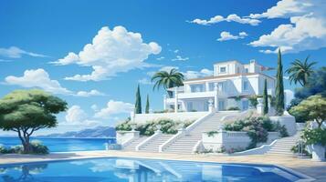 tradicional Mediterrâneo branco casa com azul céu generativo ai foto