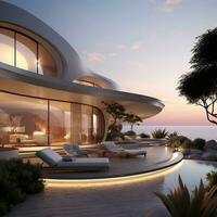 moderno minimalista volta e curvado em forma luxo casa villa com terraço em mar costa às pôr do sol generativo ai foto