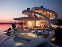 moderno minimalista volta e curvado em forma luxo casa villa com terraço em mar costa às pôr do sol generativo ai foto