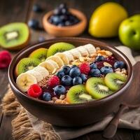 Açaí tigela com frutas kiwi maçã banana e cereal generativo ai foto