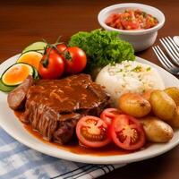 típica brasileiro carne whit de tomate e batata generativo ai foto