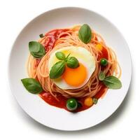 delicioso espaguete prato com tomate molho e ovo generativo ai foto