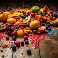 fruta salada derramar em a chão estava uma bagunça do vibrante cores e texturas generativo ai foto