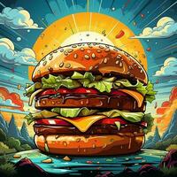 desenho animado estilo delicioso queijo hamburguer em colorida pop arte retro fundo generativo ai foto