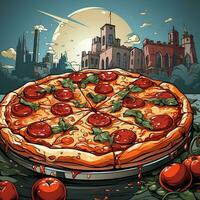 desenho animado estilo delicioso italiano calabresa pizza em retro pop arte fundo generativo ai foto