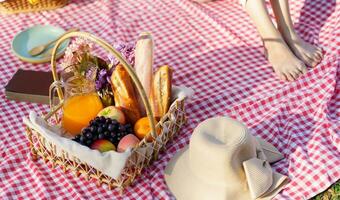 piquenique almoço refeição ao ar livre parque com Comida piquenique cesta. desfrutando piquenique Tempo dentro parque natureza ao ar livre foto