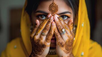 lindo indiano garota. jovem hindu mulher modelo com tatuagem mehndi e Kundan joia. tradicional indiano traje amarelo saree . indiano ou muçulmano mulher cobre dela face, , generativo ai foto