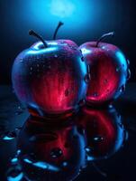 lindo espectral luz, uma grupo do vermelho maçã, maçã pétalas azul luz cintilante sobre, fundo é água Azul solta reflexão luz, generativo ai foto