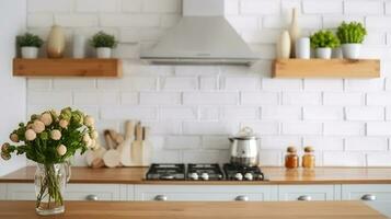 loft cozinha gabinete e bancada com branco tijolo parede fundo. moderno interior para culinária. bancada dentro jantar residência com flor decoração. generativo ai foto