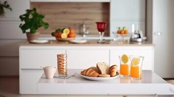 uma generoso espalhar do laranja suco, vermelho caviar, croissant, e chocolate lasca biscoitos dentro uma encantador branco cozinha. generativo ai foto