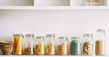 exibindo uma vidro jarra conjunto preenchidas com uma colorida sortimento do massa e feijões em uma à moda cozinha prateleira. generativo ai foto