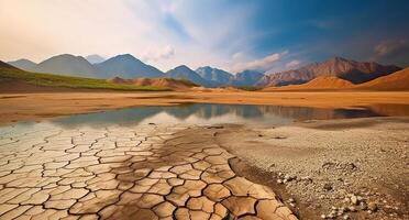 uma panorama do montanhas, lago, e uma seco deserto simbolizando a urgência do endereçamento global clima mudar. generativo ai foto