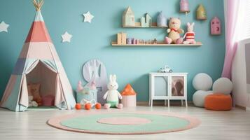 luz pastel bebê quarto com brinquedo casa e têxtil anões. generativo ai foto