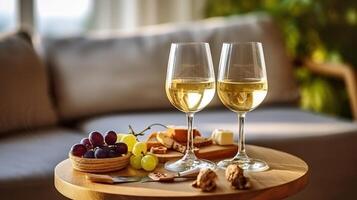 dois taças de vinho do vintage chardonnay com delicioso aperitivos. casal do óculos do branco vinho, italiano palitos de pão, e uvas. generativo ai foto