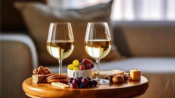 três taças de vinho do vintage chardonnay com delicioso aperitivos. branco vinho, italiano palitos de pão, figos e uvas. interior fundo. generativo ai foto