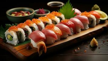 uma conjunto do Sushi em a mesa. Sombrio fundo. generativo ai foto