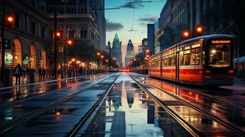 cidade rua brilha com colorida grandes exposição luzes. generativo ai foto