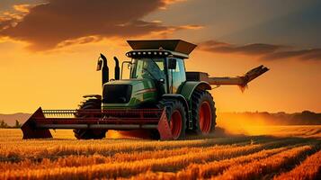 uma combinar colheitadeira ou agrícola trator é em processamento ou colheita trigo dentro uma campo dentro a tarde às pôr do sol. generativo ai foto
