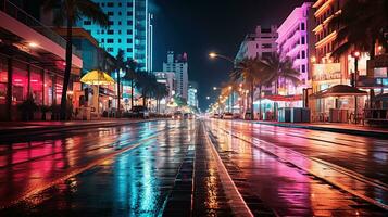 dançando cidade luzes, uma hipnotizante exibição em a noite rua. generativo ai foto