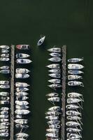 aéreo Visão do barcos ancorado dentro a turista porta do viareggio Itália foto