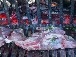 uma grade com carne em isto cozinhando em isto foto