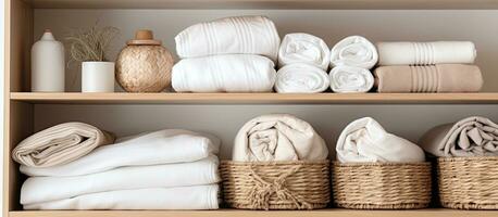 a cama roupa de cama dentro a armário de roupa estão ordenadamente arranjado em prateleiras, com cópia de espaço para doméstico têxteis, foto