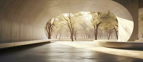 uma 3d Renderização do uma concreto corredor com uma parque fundo mostra espaço para exibindo produtos foto