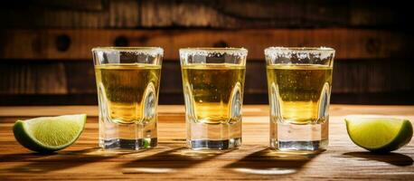 dourado tequila tiros em uma de madeira fundo com três tiro óculos contendo sal, Lima fatias, foto